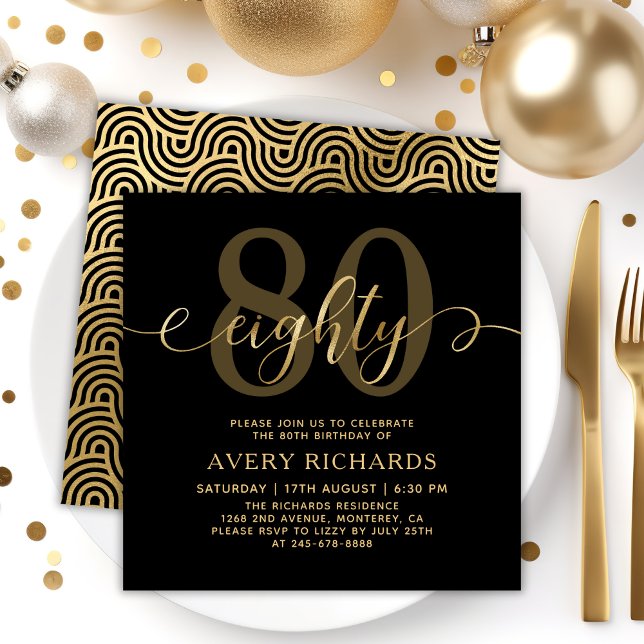 Elegant 80 Gold Script Black 80. Geburtstag Einladung (Von Creator hochgeladen)