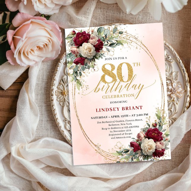 Elegant 80th Birthday Bohemian Floral Gold Invite Einladung (Elegant 80th Birthday Bohemian Floral Gold Invitation)