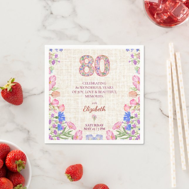 Elegant 80th Birthday for Her - Pink Floral  Serviette (Beispiel)