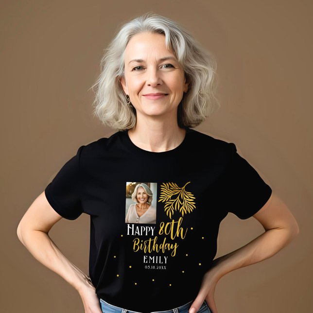 Elegant 80th Birthday Gold Foliage Photo Party Tri-Blend Shirt (Von Creator hochgeladen)