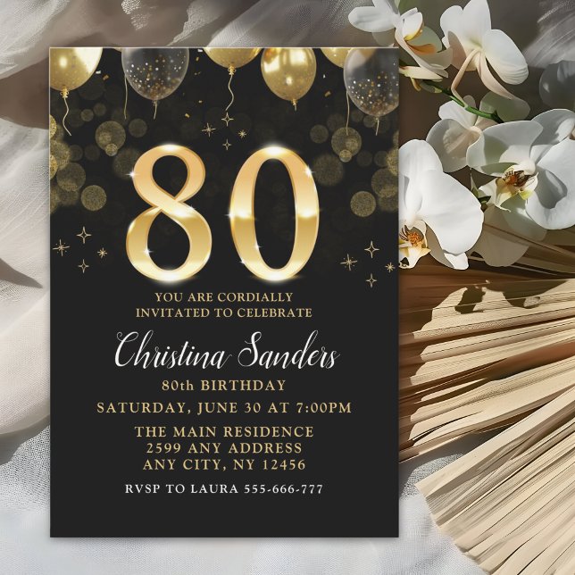Elegant 80th Birthday Invitation with Gold Ballons Einladung (Von Creator hochgeladen)