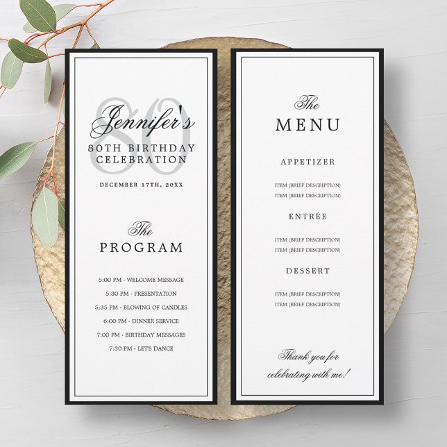 Elegant 80th Birthday Party Program + Menu  Einladung (Elegant 80th Birthday Party Program + Menu )