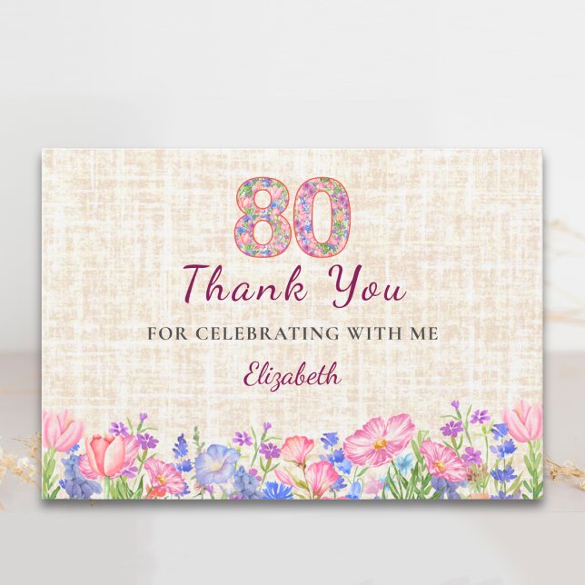 Elegant 80th Birthday Thanks for Her - Pink Floral Dankeskarte (Von Creator hochgeladen)