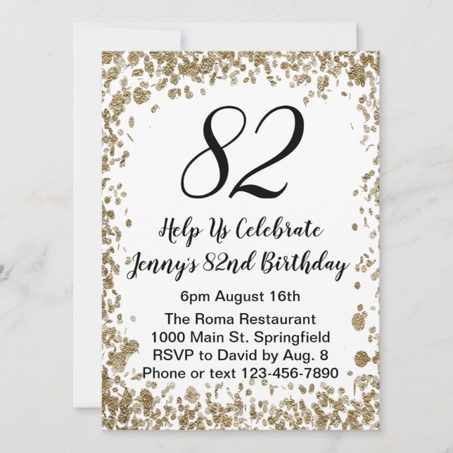 Elegant 82nd Birthday Invitation For Her in Gold Einladung (Vorderseite)
