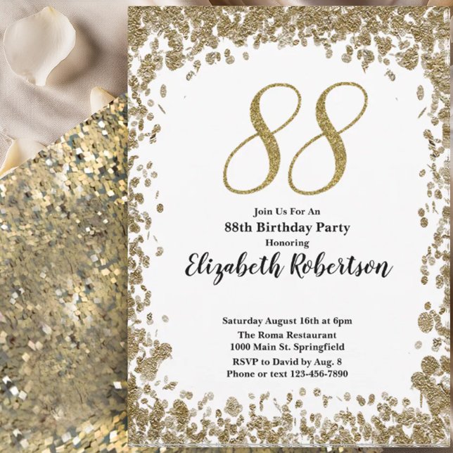 Elegant 88th Birthday Invitation For Her in Gold Einladung (Von Creator hochgeladen)