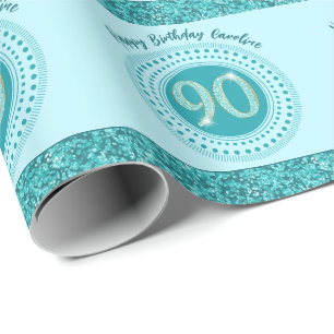 Elegant 90. Geburtstag Aquamarin Blue Glitzer & St Geschenkpapier