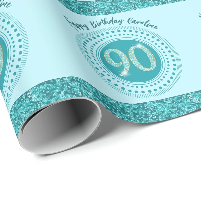 Elegant 90. Geburtstag Aquamarin Blue Glitzer & St Geschenkpapier (Rolleneckpunkt)