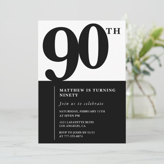 Elegant 90. Geburtstag Einladung Black Chic Modern (Stehend Vorderseite)