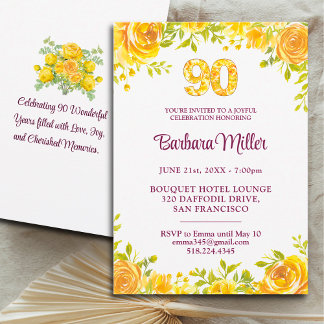 Elegant 90. Geburtstag - Gelbe Rosen 90 Jahre Einladung