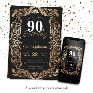 Elegant 90. Geburtstag Gold Black Glamour Vintag Einladung