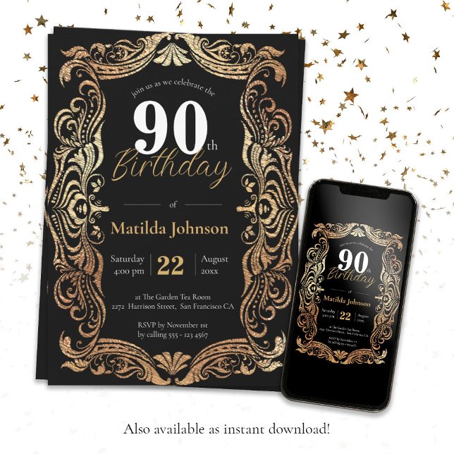 Elegant 90. Geburtstag Gold Black Glamour Vintag Einladung (Elegant 90th Birthday Gold Black Glamorous Vintage Invitation)
