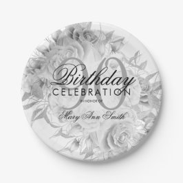 Elegant 90. Geburtstagsparty Floral Silver White Pappteller