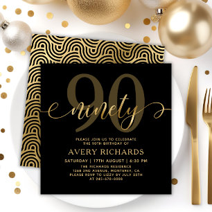 Elegant 90 Gold Script Black 90. Geburtstag Einladung