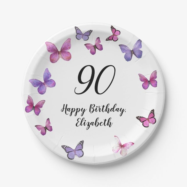 Elegant 90th Birthday Butterflies Custom Name Pappteller (Vorderseite)