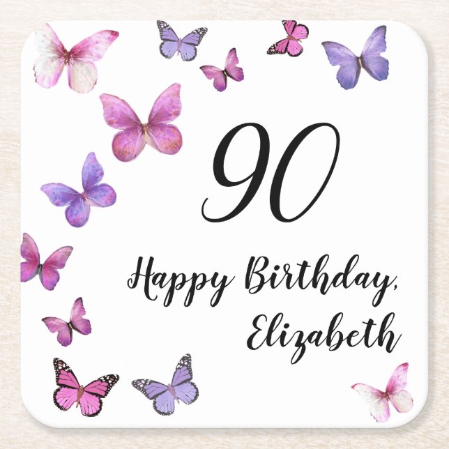 Elegant 90th Birthday Butterflies Custom Name Rechteckiger Pappuntersetzer (Vorderseite)