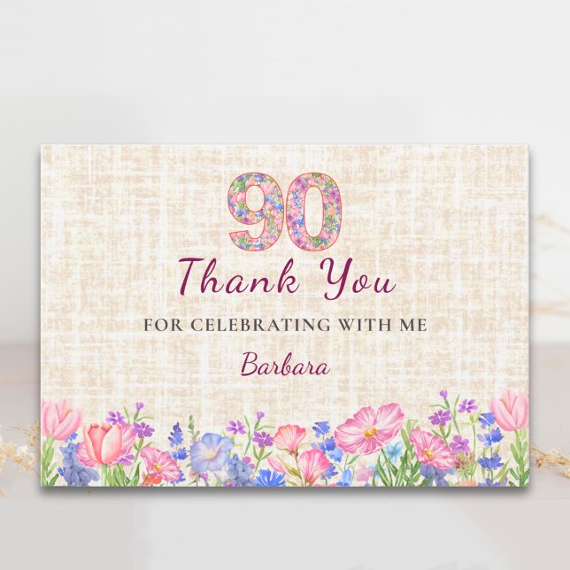 Elegant 90th Birthday for Her - Pink Flowers Dankeskarte (Von Creator hochgeladen)