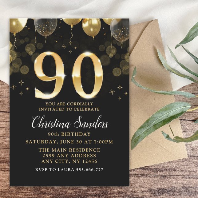 Elegant 90th Birthday Invitation with Gold Glitter Einladung (Von Creator hochgeladen)