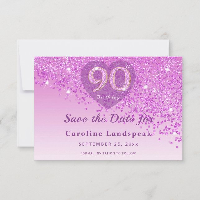 Elegant 90th Birthday Pink Glitter Frosted Heart Save The Date (Vorderseite)