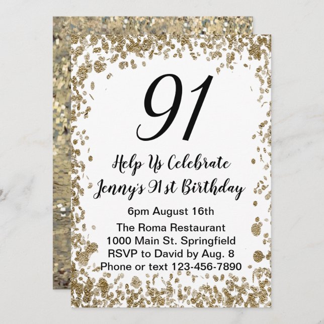 Elegant 91st Birthday Invitation For Her in Gold Einladung (Vorne/Hinten)