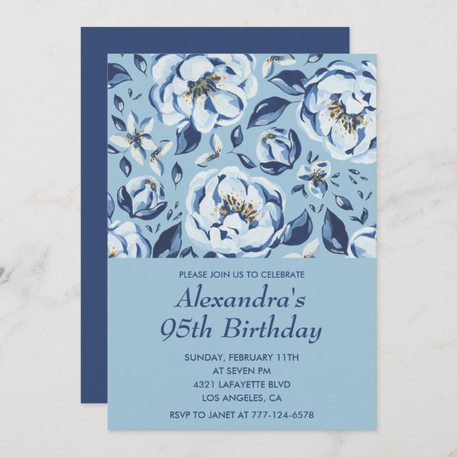 Elegant 95. Geburtstag Einladungen Floral Blue (Vorne/Hinten)