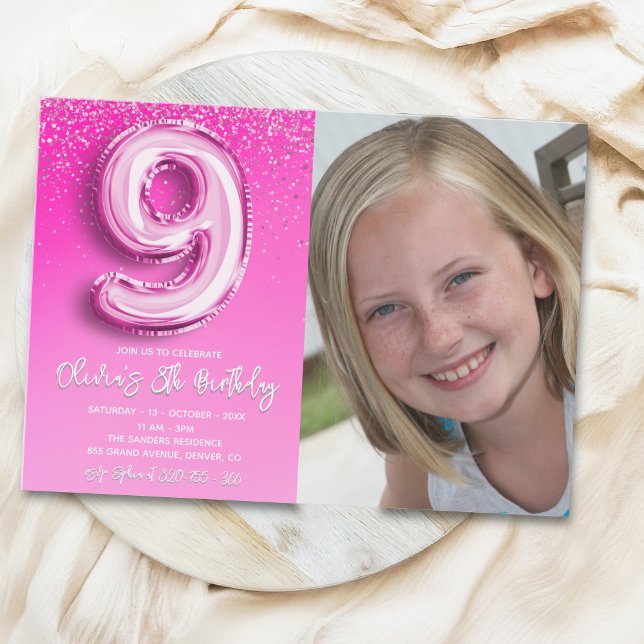 Elegant 9th Birthday girl with photo Numer Ballon Einladung (Von Creator hochgeladen)