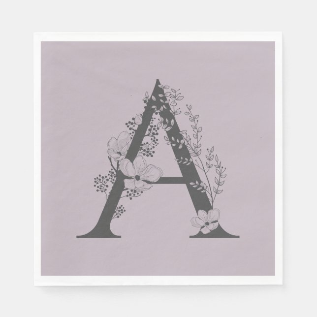 Elegant A Boho Floral Monogram Initial Lilac Gray Serviette (Vorderseite)