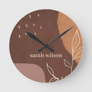 Elegant Abstract Rust Brown Orange Leafy Foliage Runde Wanduhr