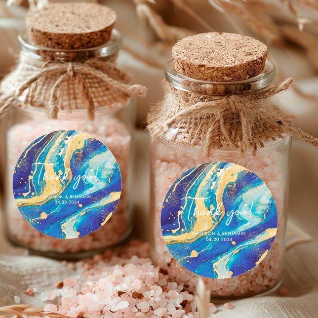 Elegant Abstrakt Blue Gold Farbenfroh Vielen Dank  Runder Aufkleber (Von Creator hochgeladen)