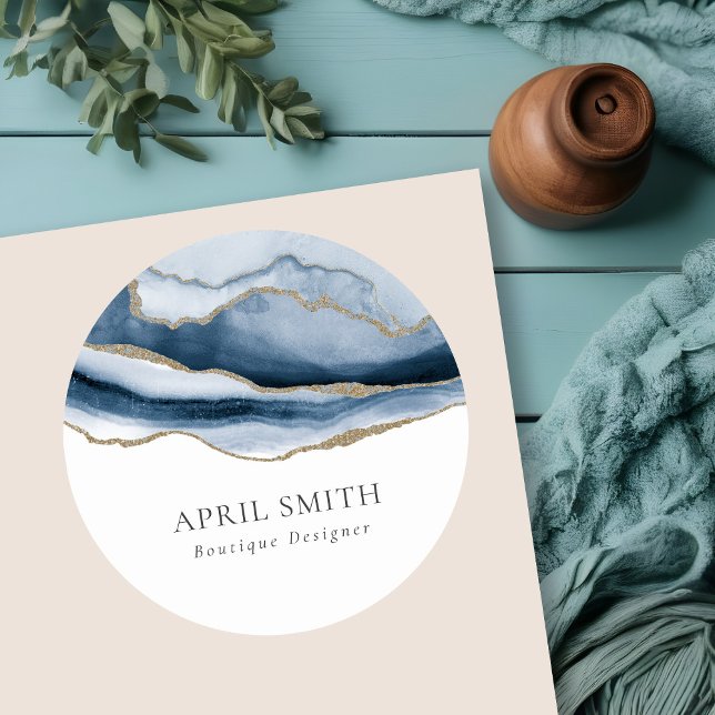 Elegant Abstrakt Navy Blue Agate Gold Wasserfarbe Runder Aufkleber (Von Creator hochgeladen)