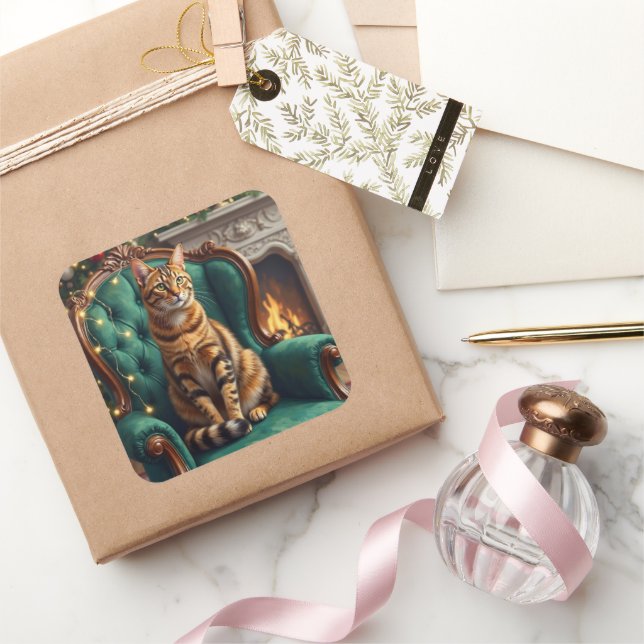 Elegant Abyssinian Cat Regal Holiday Portrait Art Quadratischer Aufkleber (Schenken)