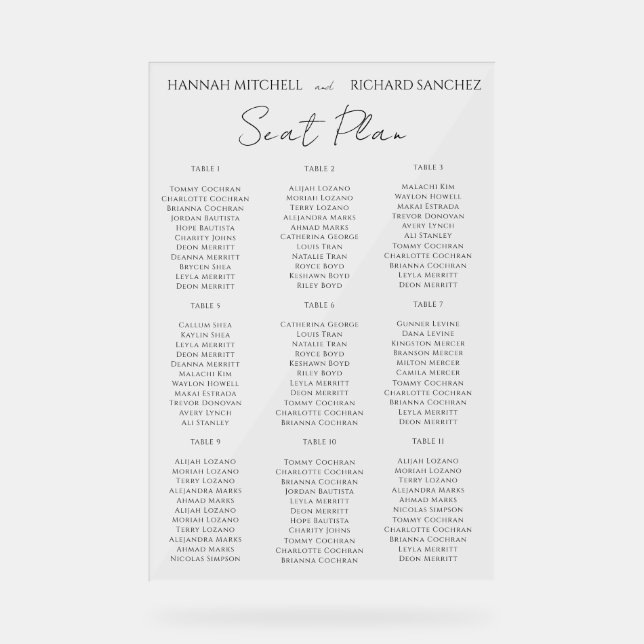 Elegant Acrylic Wedding Seating Chart Acrylschild (Vorderseite)