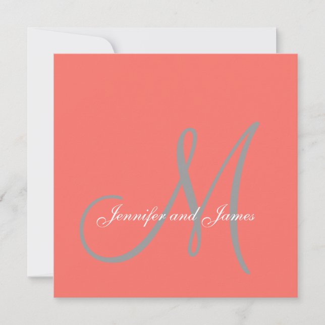 Elegant Affair Coral Gray Script Monogram Wedding Einladung (Vorderseite)