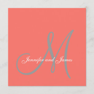 Elegant Affair Coral Gray Script Monogram Wedding Einladung