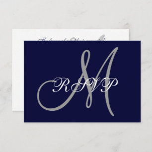 Elegant Affair Navy Blue Gray Initial Wedding RSVP Karte