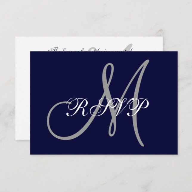 Elegant Affair Navy Blue Gray Initial Wedding RSVP Karte (Von Creator hochgeladen)