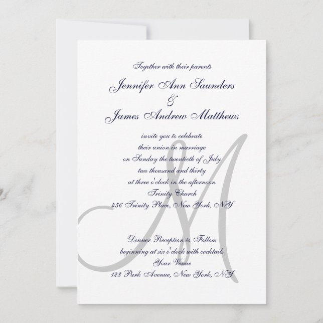 Elegant Affair Navy Blue Gray Mit Monogramm Weddin Einladung (Rückseite)
