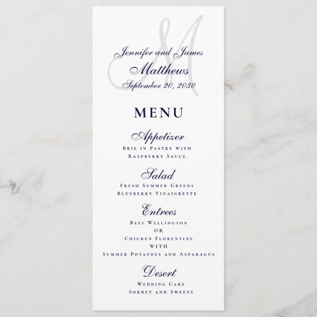 Elegant Affair Navy Blue Script Monogram Wedding Menükarte (Vorderseite)