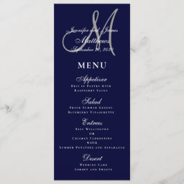 Elegant Affair Navy Blue Script Monogram Wedding Menükarte