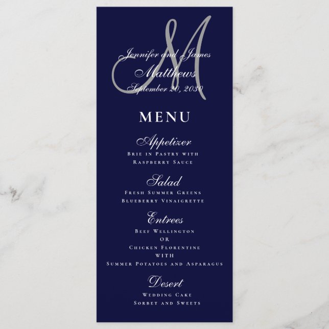 Elegant Affair Navy Blue Script Monogram Wedding Menükarte (Vorderseite)