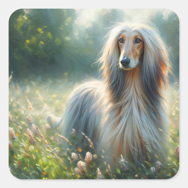Elegant Afghan Hound – Floral Meadow Painting Quadratischer Aufkleber (Vorderseite)