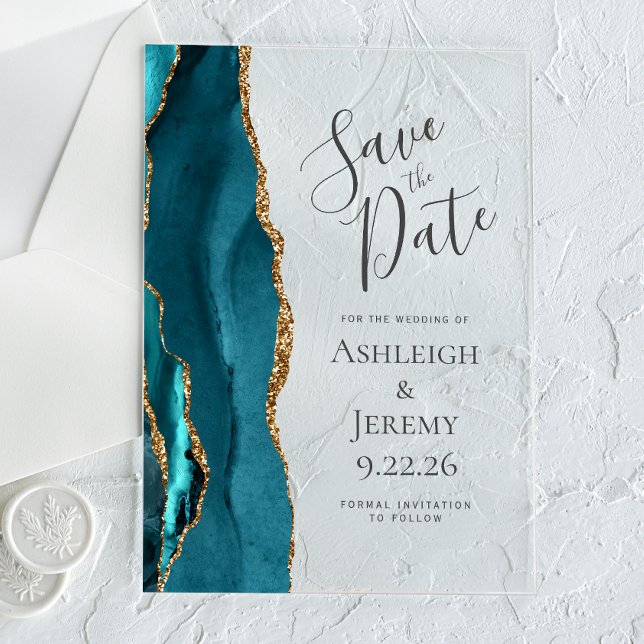 Elegant Agate Aquamarin Blue Gold Save the Date Acryleinladungen (Von Creator hochgeladen)