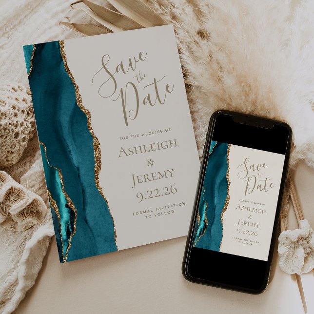 Elegant Agate Aquamarin Gold Ivory Save the Date Einladung (Von Creator hochgeladen)