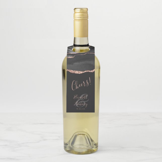 Elegant Agate Black Rose Gold Dark Wedding Cheers Flaschenanhänger (Auf Flasche)