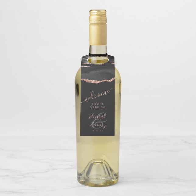 Elegant Agate Black Rose Gold Dark Wedding Willkom Flaschenanhänger (Auf Flasche)