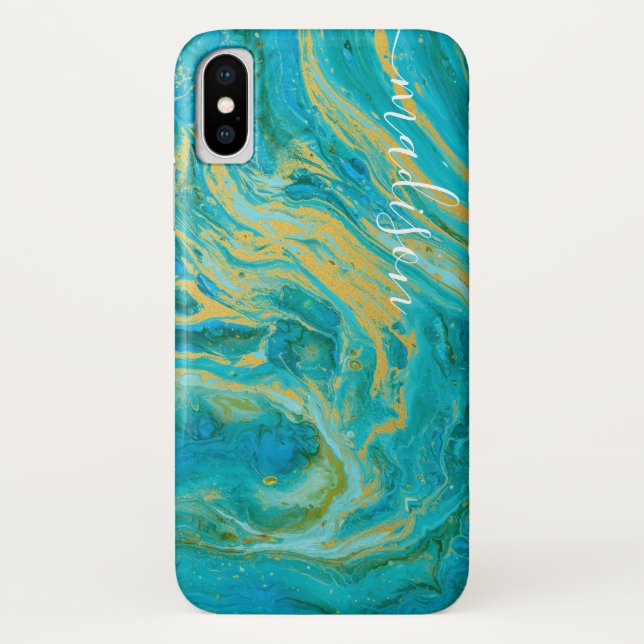 Elegant Agate Green Blue & Gold Marmor Ihr Name Case-Mate iPhone Hülle (Rückseite)