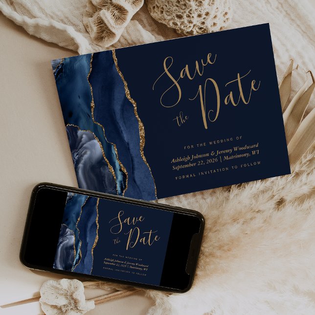Elegant Agate Navy Blue Gold Save the Date Einladung (Von Creator hochgeladen)