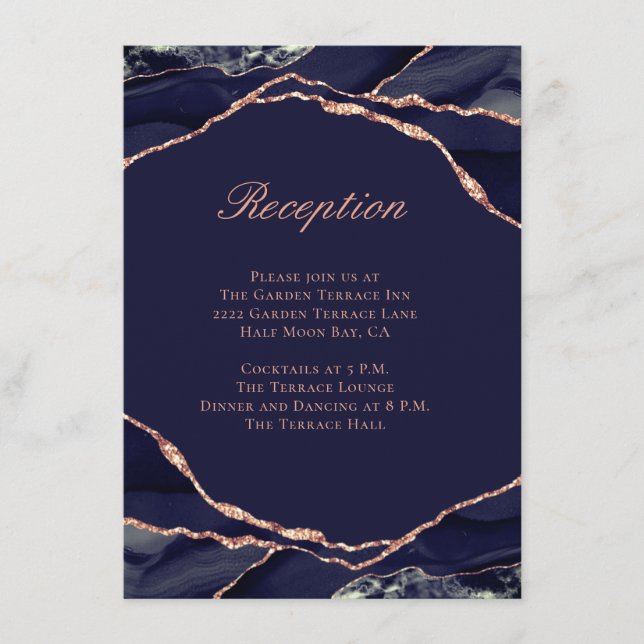 Elegant Agate Navy Rose Gold Wedding Reception Begleitkarte (Vorderseite)