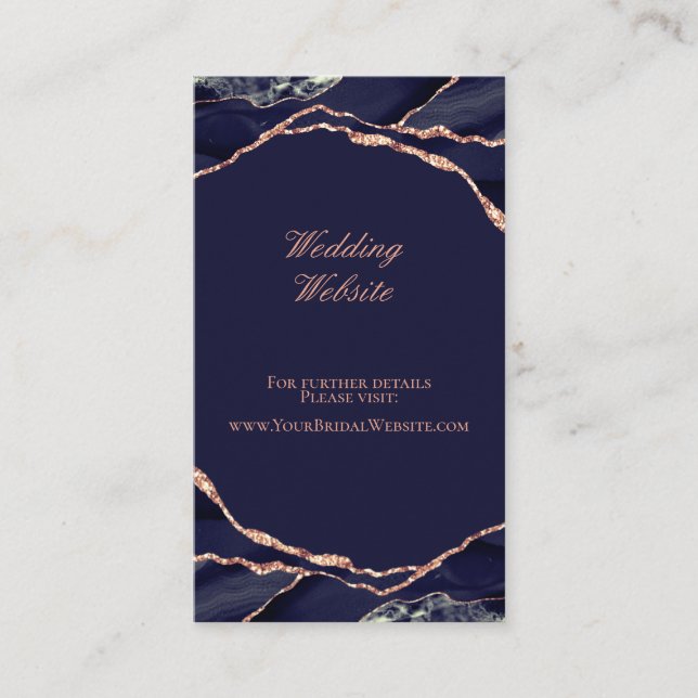 Elegant Agate Navy Rose Gold Wedding Website Begleitkarte (Vorderseite)