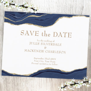Elegant Agate Save the Date Navy Blue Gold Glitzer Postkarte