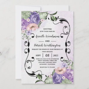 # Elegant Airy Boho Floral Lila & Silver Wedding Einladung